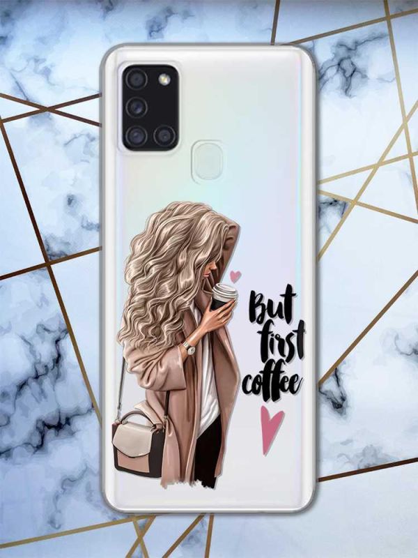 Прозорий чохол на Samsung Galaxy A21s дизайн Дівчина з кавою принт 114