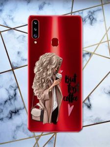 Прозорий чохол на Samsung Galaxy A20ѕ дизайн Дівчина з кавою принт 114
