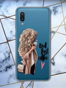 Прозорий чохол на Samsung Galaxy A02 / A022 (2021)  дизайн Дівчина з кавою принт 114