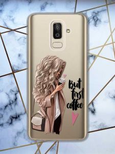 Прозорий чохол для Samsung Galaxy J8 (2018)  дизайн Дівчина з кавою принт 114