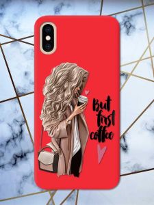 Матовий червоний чохол на iPhone XS MAX дизайн Дівчина з кавою принт 114
