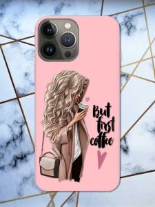 Матовий рожевий чохол на Apple iPhone 13 Pro дизайн Дівчина з кавою принт 114