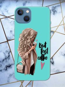 Матовий бірюзовий чохол на Apple iPhone 13 дизайн Дівчина з кавою принт 114