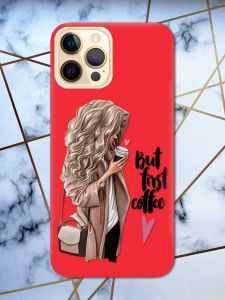 Матовий червоний чохол на Apple iPhone 12 Pro Max дизайн Дівчина з кавою принт 114