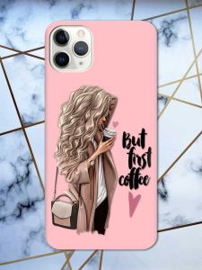 Матовий рожевий чохол на iPhone 11 Pro Max (6.5) дизайн Дівчина з кавою принт 114