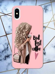Матовий рожевий чохол на iPhone X / Xs дизайн Дівчина з кавою принт 114