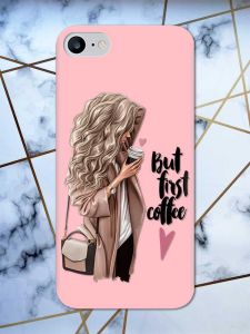 Матовий рожевий чохол на iPhone 7 / 8 дизайн Дівчина з кавою принт 114