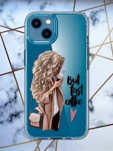 Прозорий чохол для iPhone 13 mini дизайн Дівчина з кавою принт 114