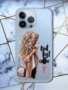 Прозорий чохол на Apple iPhone 13 Pro дизайн Дівчина з кавою принт 114