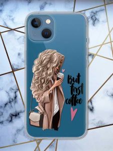 Прозорий чохол на Apple iPhone 13 дизайн Дівчина з кавою принт 114