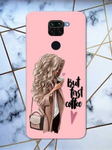 Матовий рожевий чохол на Xiaomi Redmi Note 9 дизайн Дівчина з кавою принт 114