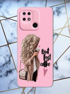 Матовий рожевий чохол на Xiaomi Redmi 10C дизайн Дівчина з кавою принт 114