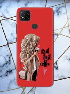Матовий червоний чохол на Xiaomi Redmi 9C / 10A дизайн Дівчина з кавою принт 114