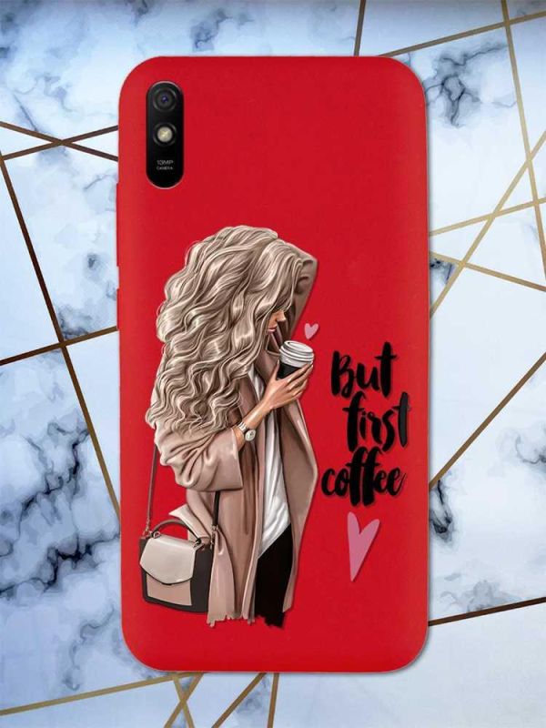 Матовий червоний чохол на Xiaomi Redmi 9А дизайн Дівчина з кавою принт 114