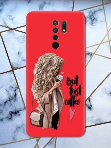 Матовий червоний чохол на Xiaomi Redmi 9 дизайн Дівчина з кавою принт 114