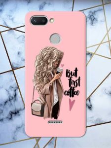 Матовий рожевий чохол на Xiaomi Redmi 6 дизайн Дівчина з кавою принт 114