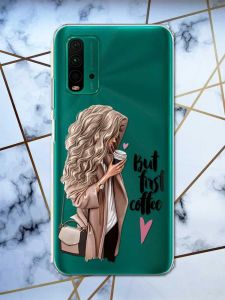 Прозорий чохол на Xiaomi Redmi 9T  дизайн Дівчина з кавою принт 114