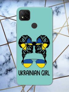 Матовий бірюзовий чохол на Xiaomi Redmi 9C / 10A патріотичний дизайн Українська дівчина принт 113