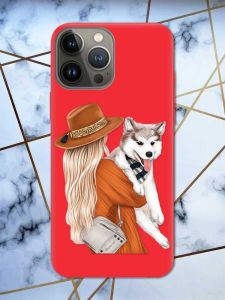 Матовий червоний чохол на Apple iPhone 13 Pro дизайн Дівчина з песиком принт 115