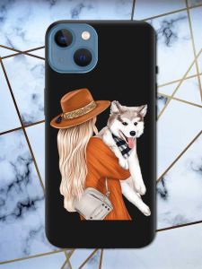 Матовий чорний чохол на Apple iPhone 13 дизайн Дівчина з песиком принт 115