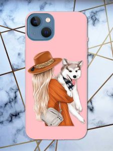 Матовий рожевий чохол на Apple iPhone 13 дизайн Дівчина з песиком принт 115