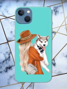 Матовий бірюзовий чохол на Apple iPhone 13 дизайн Дівчина з песиком принт 115