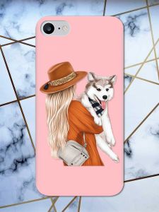 Матовий рожевий чохол на iPhone 7 / 8 дизайн Дівчина з песиком принт 115