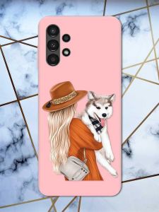 Матовий рожевий чохол на Samsung A13 4G дизайн Дівчина з песиком принт 115