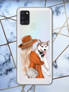 Прозорий чохол на Samsung Galaxy A21s дизайн Дівчина з песиком принт 115