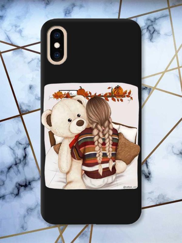 Матовий чорний чохол на iPhone XS MAX дизайн Дівчинка з ведмедиком принт 117