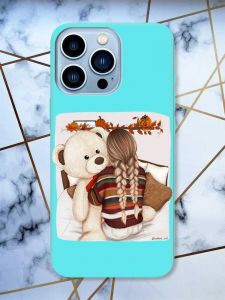 Матовий бірюзовий чохол на Apple iPhone 13 Pro Max дизайн Дівчинка з ведмедиком принт 117