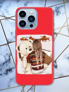 Матовий червоний чохол на Apple iPhone 13 Pro Max дизайн Дівчинка з ведмедиком принт 117