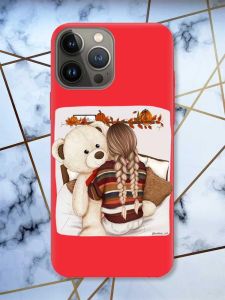 Матовий червоний чохол на Apple iPhone 13 Pro дизайн Дівчинка з ведмедиком принт 117
