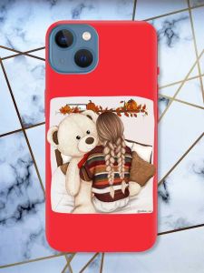 Матовий червоний чохол на Apple iPhone 13 дизайн Дівчинка з ведмедиком принт 117
