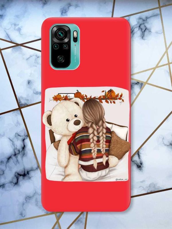 Матовий червоний чохол на Xiaomi Redmi Note 10 / Note 10s дизайн Дівчинка з ведмедиком принт 117