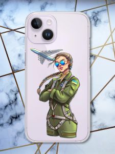 Прозорий чохол із захистом камери на iPhone 14 патріотичний дизайн Дівчина-пілот принт 6