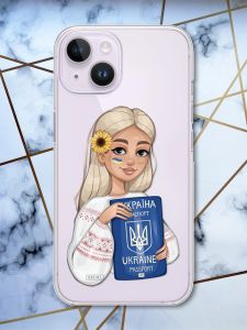 Прозорий чохол із захистом камери на iPhone 14 патріотичний дизайн Українка з паспортом принт 13
