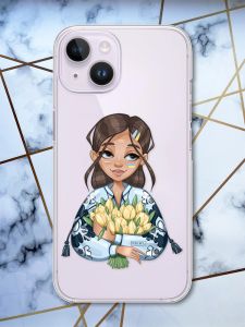 Прозорий чохол із захистом камери на iPhone 14 патріотичний дизайн Дівчина з тюльпанами принт 22