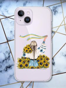 Прозорий чохол із захистом камери на iPhone 14 патріотичний дизайн Дівчина зі стрічкою принт 25