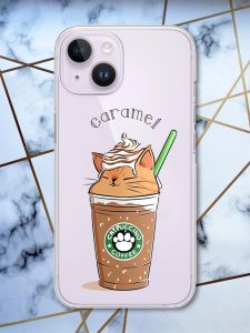 Прозорий чохол із захистом камери на iPhone 14 дизайн Капучіно котик принт 97