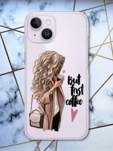 Прозорий чохол із захистом камери на iPhone 14 дизайн Дівчина з кавою принт 114