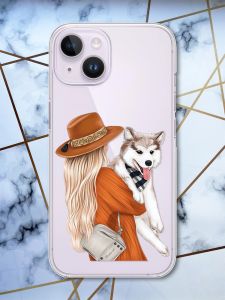 Прозорий чохол із захистом камери на iPhone 14 дизайн Дівчина з песиком принт 115