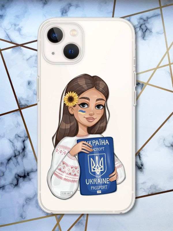 Прозорий силіконовий чохол із захистом камери на iPhone 14 Plus Українка з паспортом принт 12