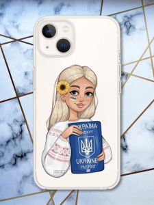 Прозорий силіконовий чохол із захистом камери на iPhone 14 Plus Українка з паспортом принт 13