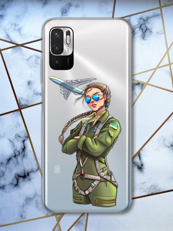 Прозорий чохол на Xiaomi Redmi Note 10 5G патріотичний дизайн Дівчина-пілот принт 6