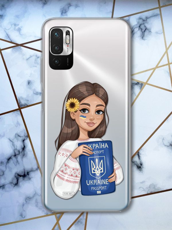 Прозорий чохол на Xiaomi Redmi Note 10 5G патріотичний дизайн Українка з паспортом принт 12