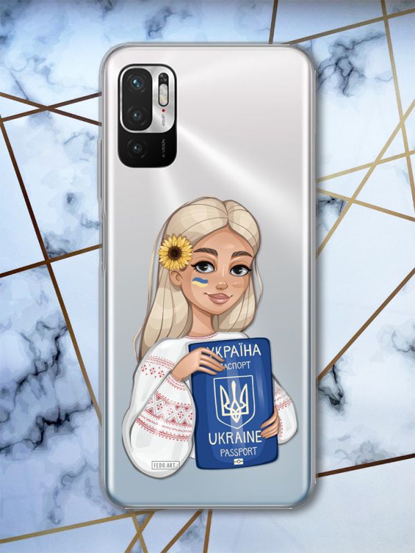 Прозорий чохол на Xiaomi Redmi Note 10 5G патріотичний дизайн Українка з паспортом принт 13