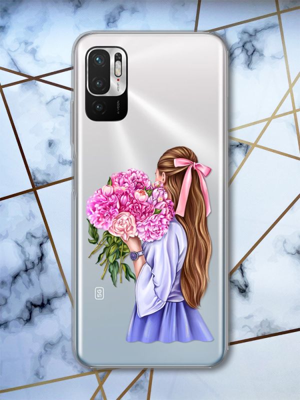 Прозорий чохол на Xiaomi Redmi Note 10 5G Дівчина з півоніями принт 11