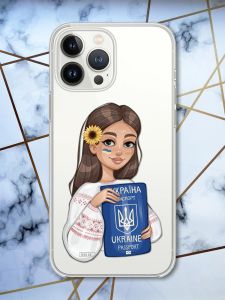 Прозорий чохол із захистом камери на iPhone 14 Pro патріотичний дизайн Українка з паспортом принт 12