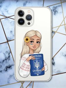Прозорий чохол із захистом камери на iPhone 14 Pro патріотичний дизайн Українка з паспортом принт 13